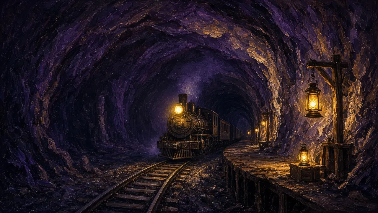 An old steam locomotive with a glowing headlamp waiting at a lantern-lit wooden platform deep inside a rock tunnel