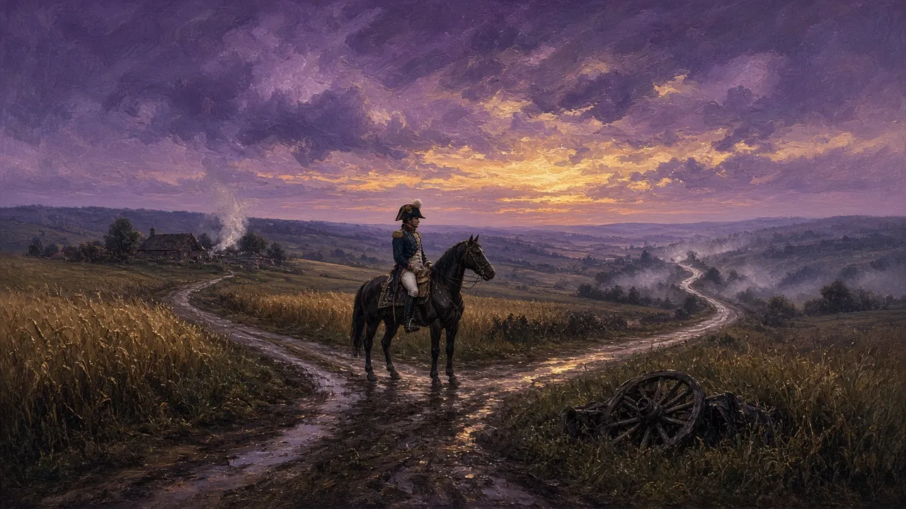 A Napoleonic-era officer on horseback halted at a muddy crossroads among wheat fields at dusk, an abandoned cannon wheel in the grass