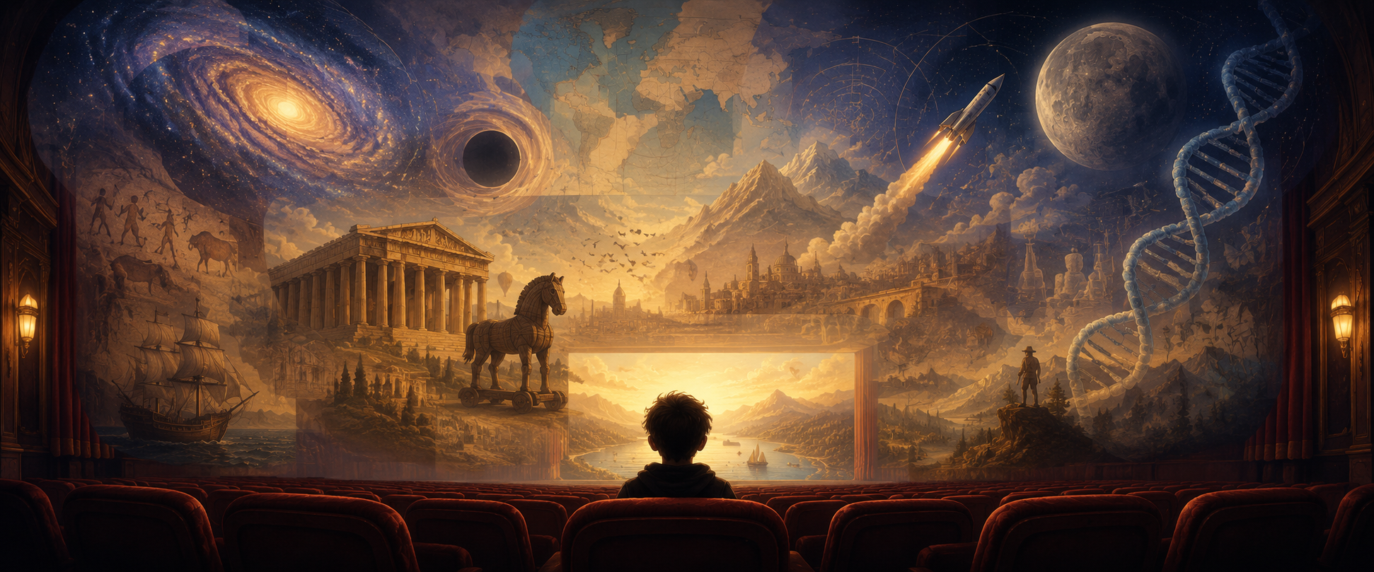 A warm flat-illustration of a small cinema: a lone viewer watches a glowing screen that opens like a window onto a galaxy and a black hole, an ancient temple with a wooden horse, a strand of DNA and a rocket to the Moon — the true stories echoing behind the films.