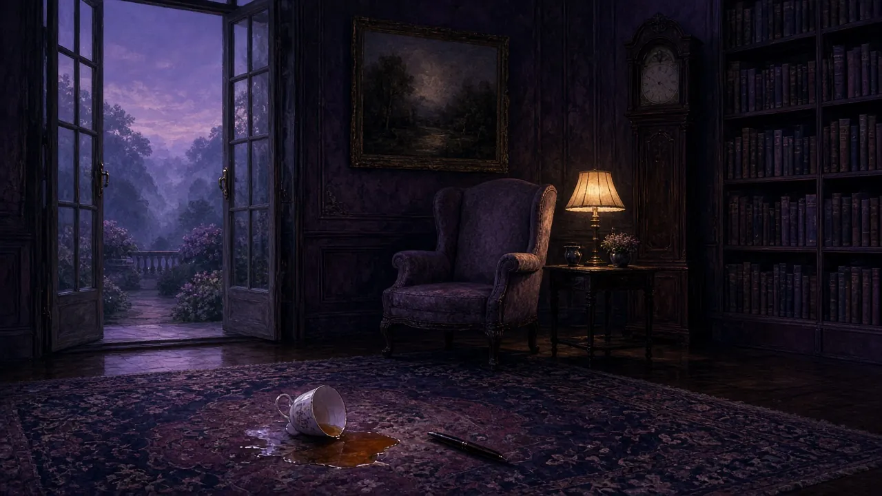 An English country-house library at dusk: an empty armchair, an overturned teacup