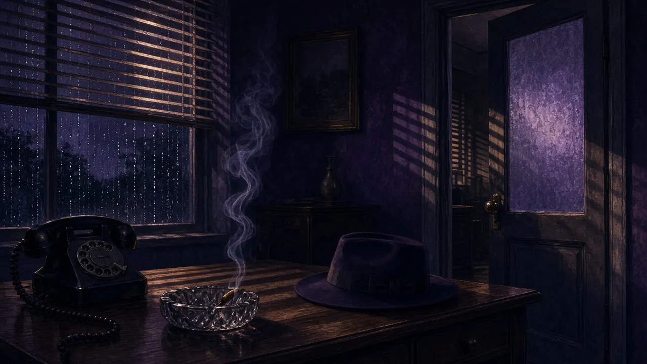 A 1940s office at night: bars of shadow through venetian blinds, a telephone, a hat, smoke