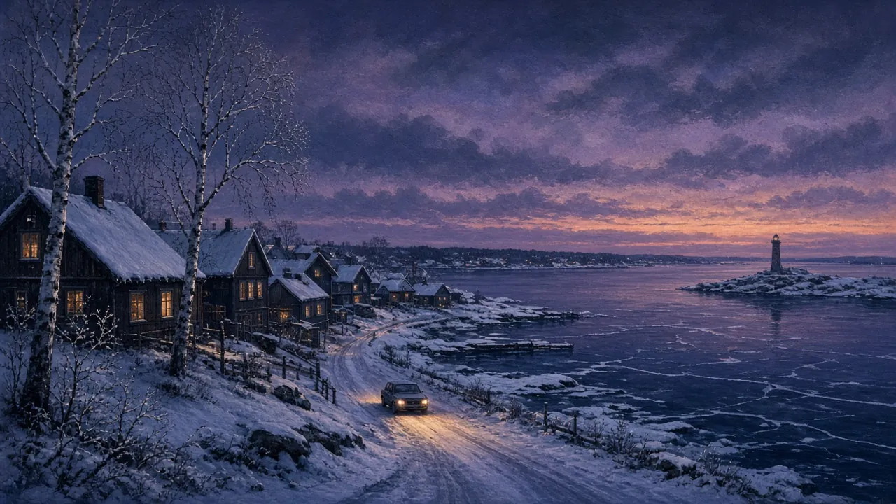 A snowy Scandinavian coastal town at dusk, a lone car on the road