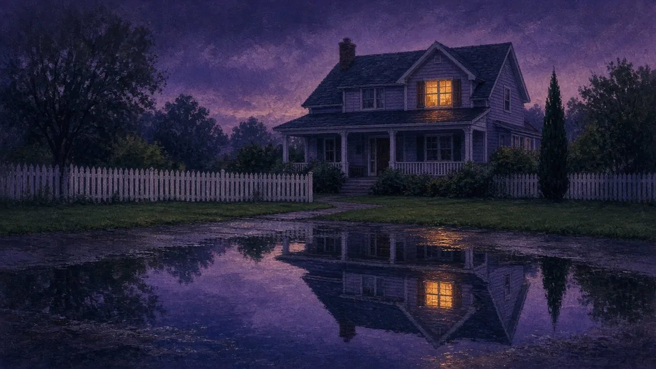 An ordinary suburban house at dusk, reflected darker in a puddle