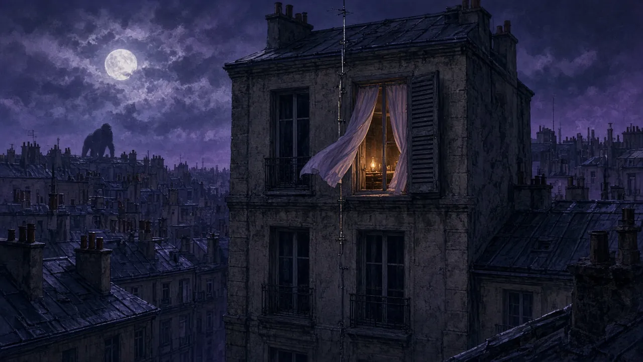An open fourth-floor window above moonlit Paris rooftops