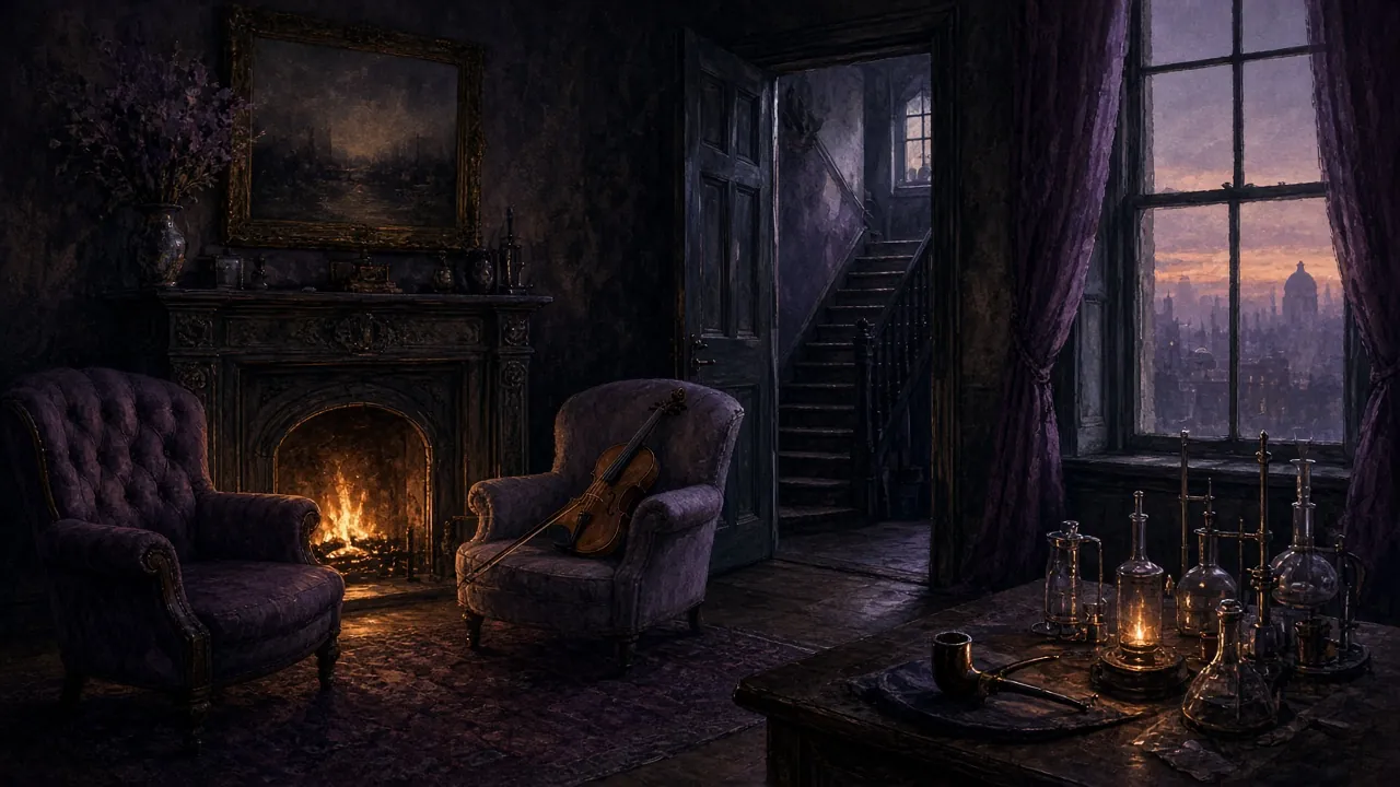 A Victorian sitting room at dusk: two armchairs by the fire, a violin, a staircase beyond the door
