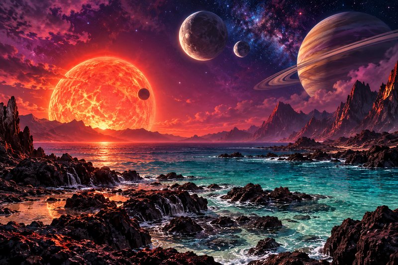 A line of small planets crossing in front of a red dwarf star