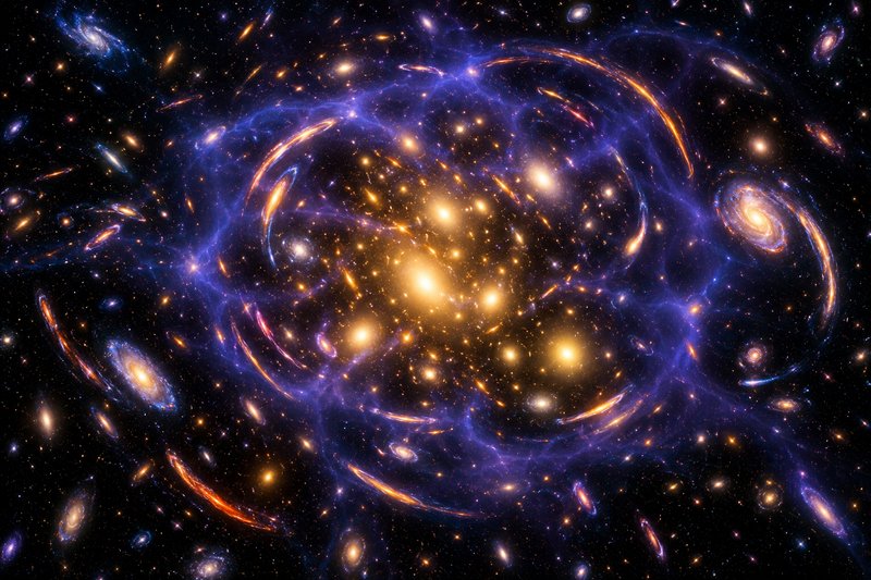 A galaxy cluster bending the light of galaxies behind it into arcs