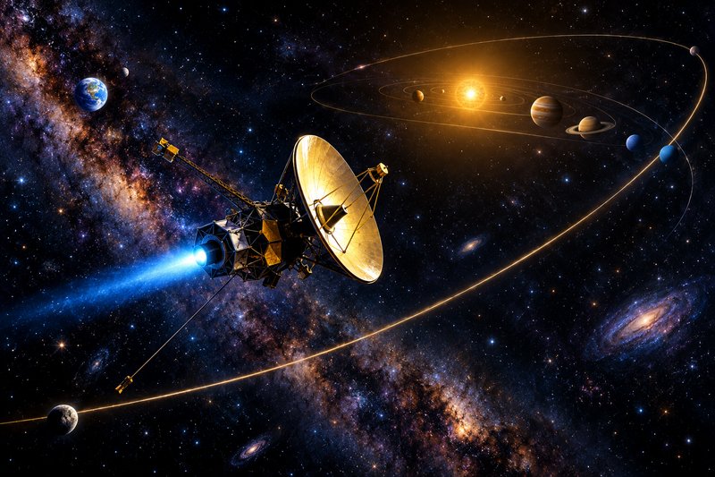 A space probe with a large dish far from the Sun