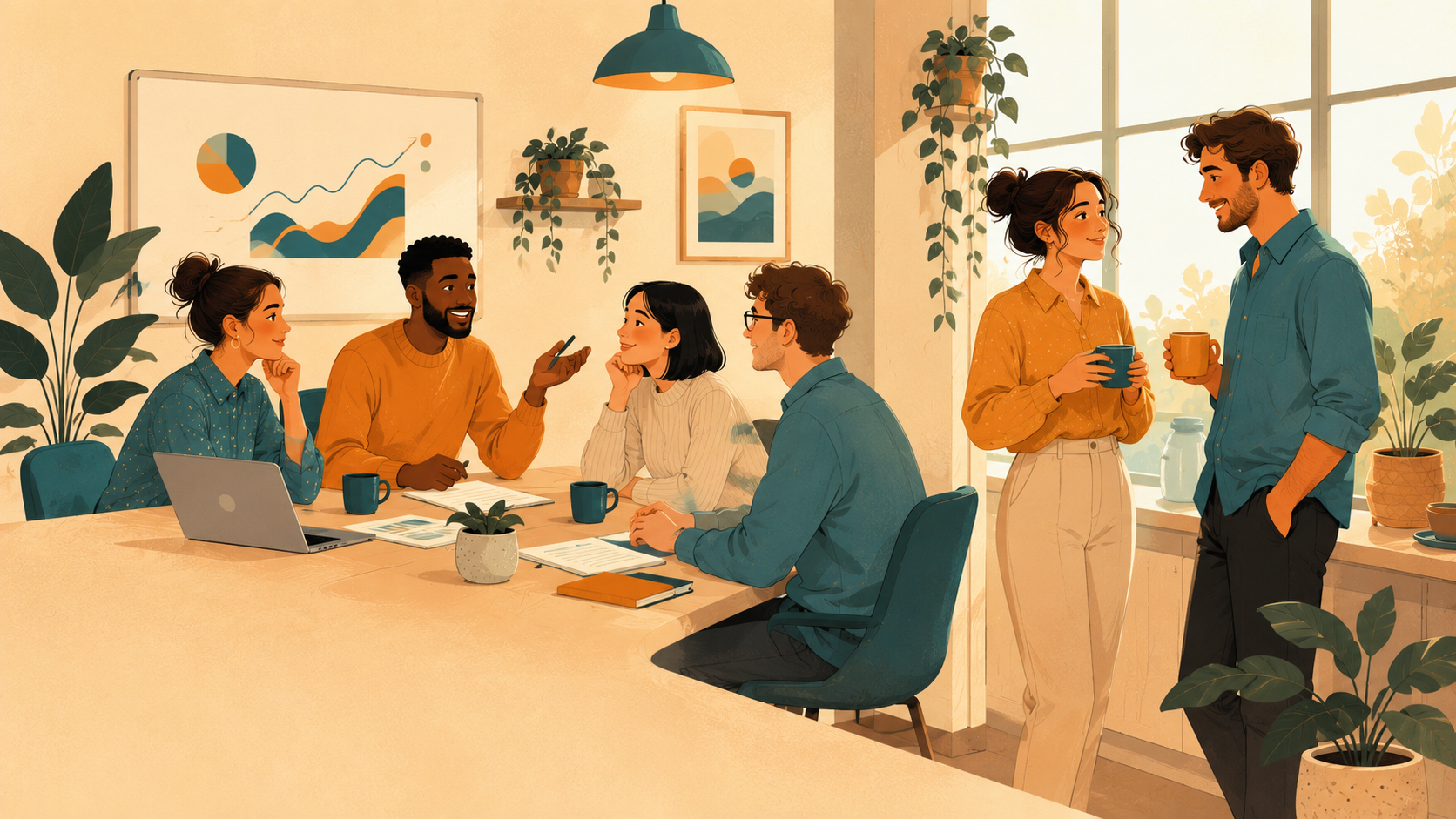 A warm, flat-illustration scene of working life: colleagues around a bright meeting table and, beside it, two people chatting over coffee at a conference.
