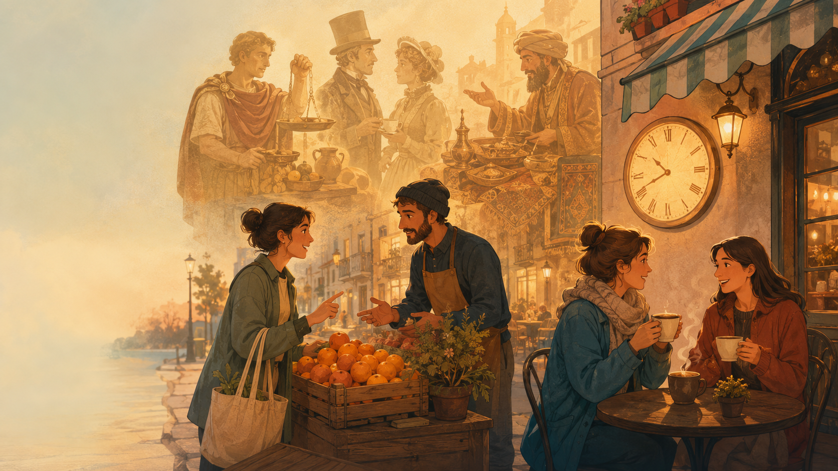 A warm, flat-illustration street scene: friendly conversations at a market stall and outside a café, with soft translucent figures from history echoing the same conversations in the golden light behind them.