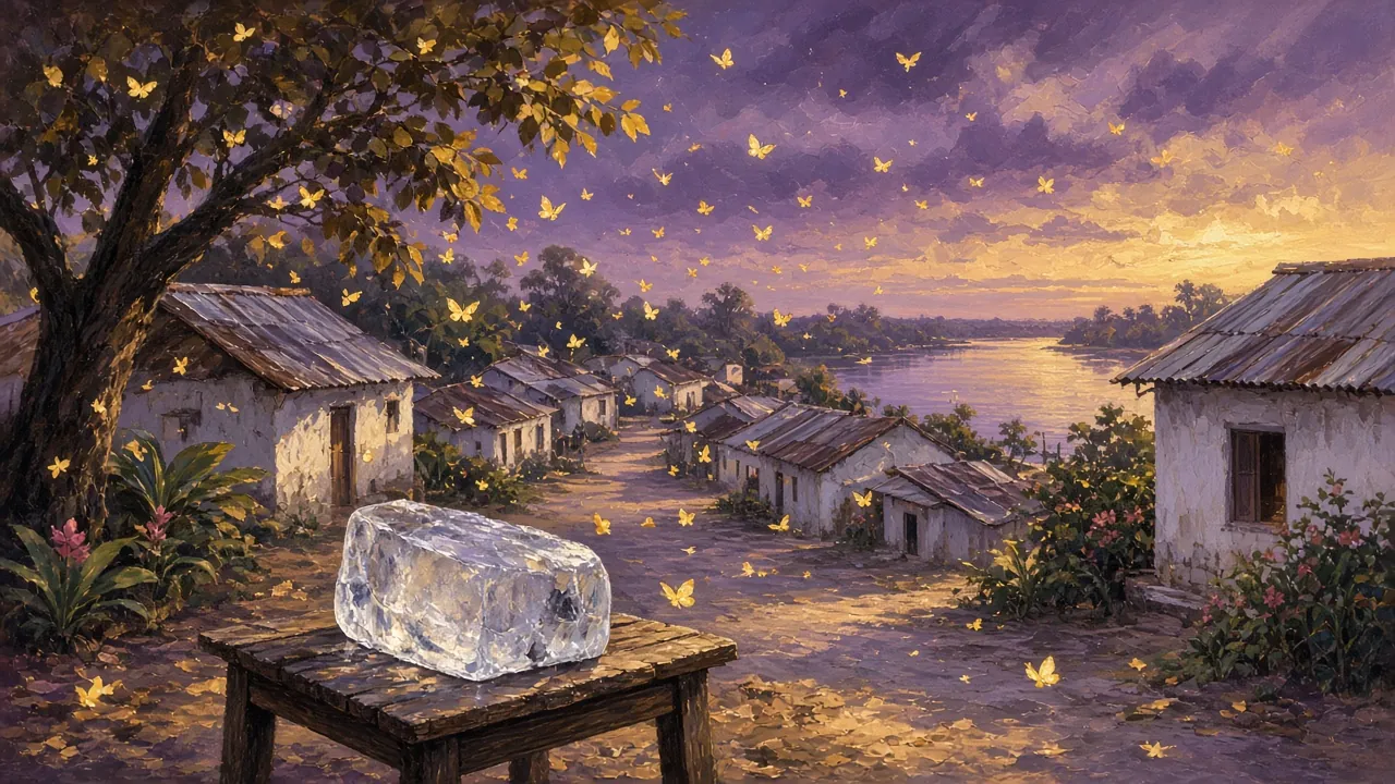 A small tropical riverside village at dusk with yellow butterflies drifting through the air and a block of ice on a wooden table