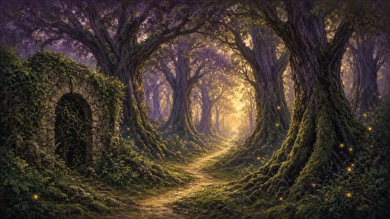 An ancient forest at dusk with a mossy path leading towards a golden clearing and an ivy-covered stone archway