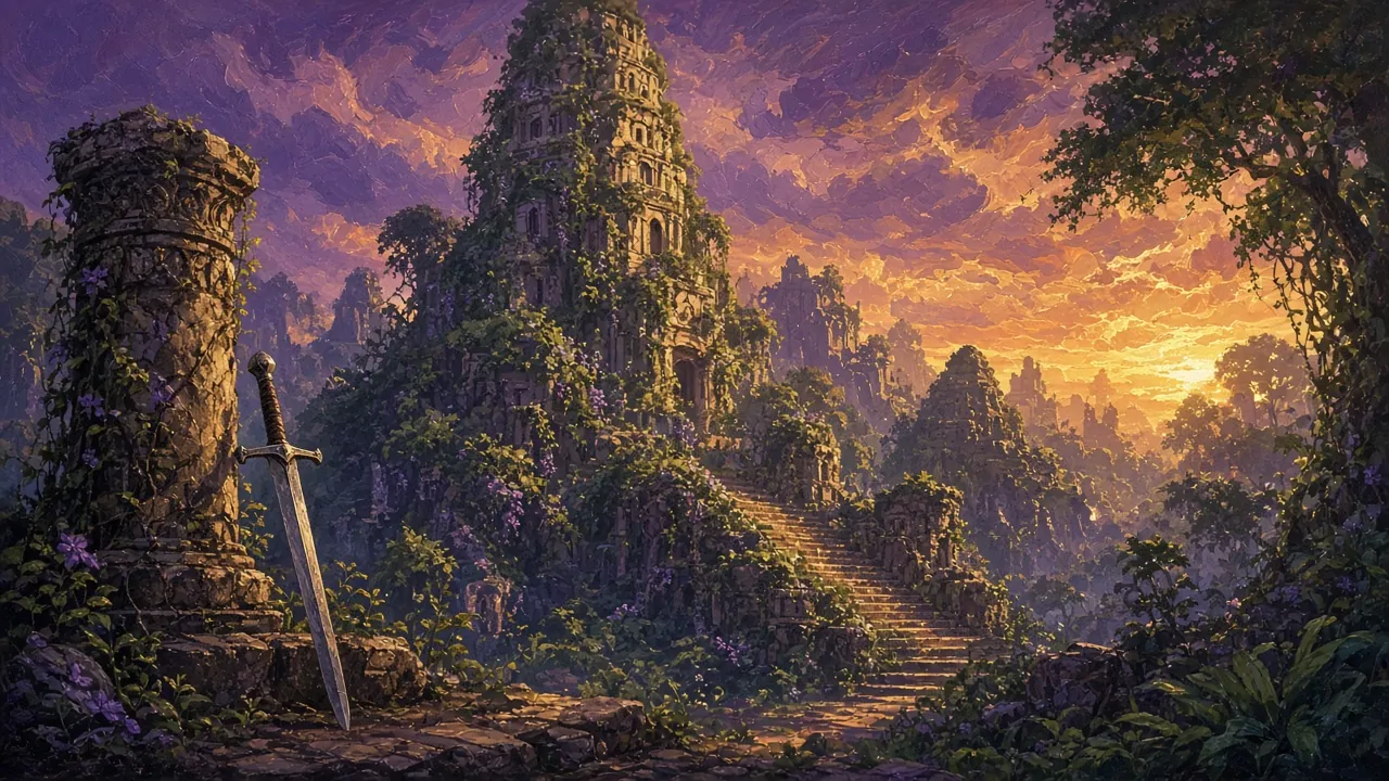 The ruins of an ancient jungle city with a vine-covered tower at sunset, a lone sword resting against a broken pillar
