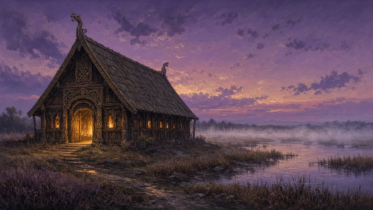 A carved timber mead hall glowing with golden light beside misty fens at dusk