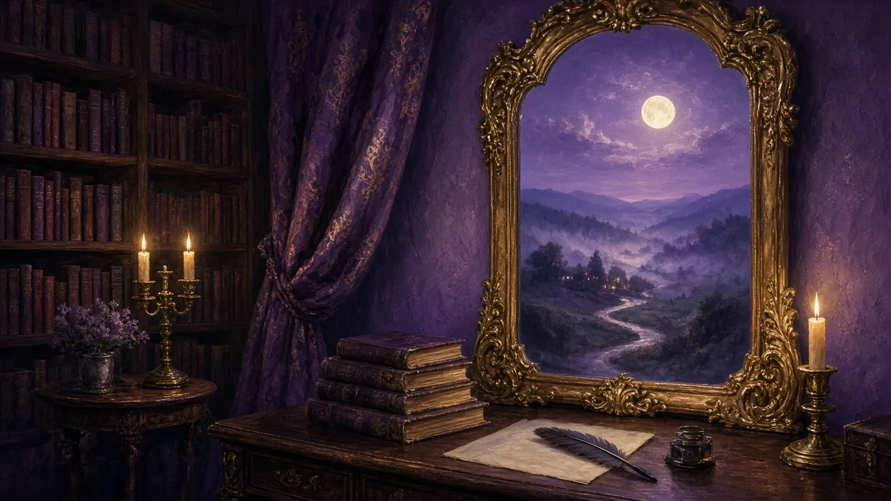A candlelit library with a gilded mirror reflecting a moonlit landscape of misty roads and hills instead of the room