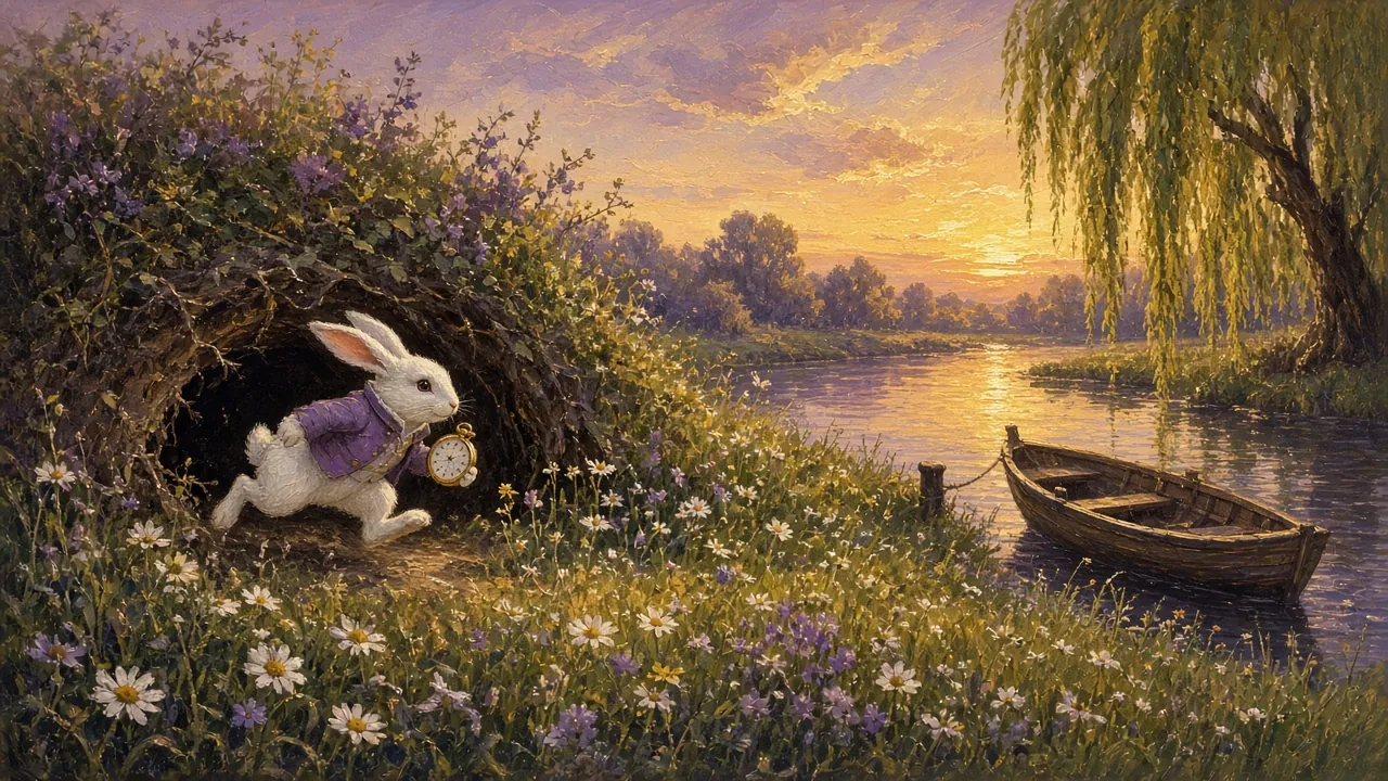 A white rabbit in a waistcoat hurrying into a rabbit-hole beneath a hedge, a river and rowing boat behind, at golden dusk