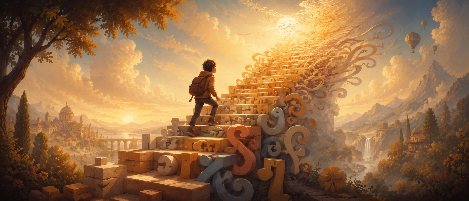 A warm flat-illustration of a child climbing a golden staircase built from letters — simple stone blocks at the bottom rising into flowing script at the top — the journey from beginner to mastery.