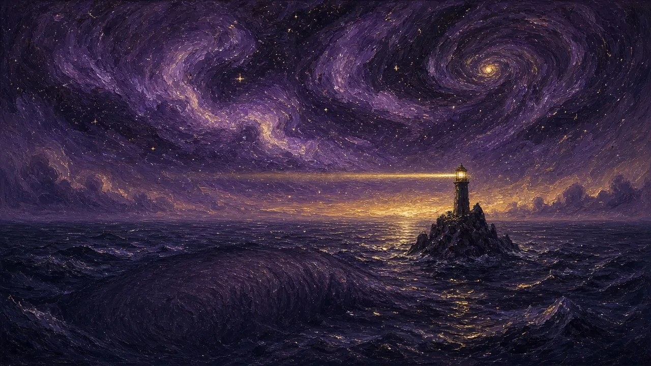 A tiny lighthouse on a dark ocean beneath swirling violet nebulae and strange stars