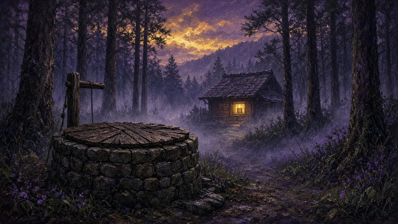 An old covered stone well in a misty Japanese forest at twilight, a small lodge with one lit window behind