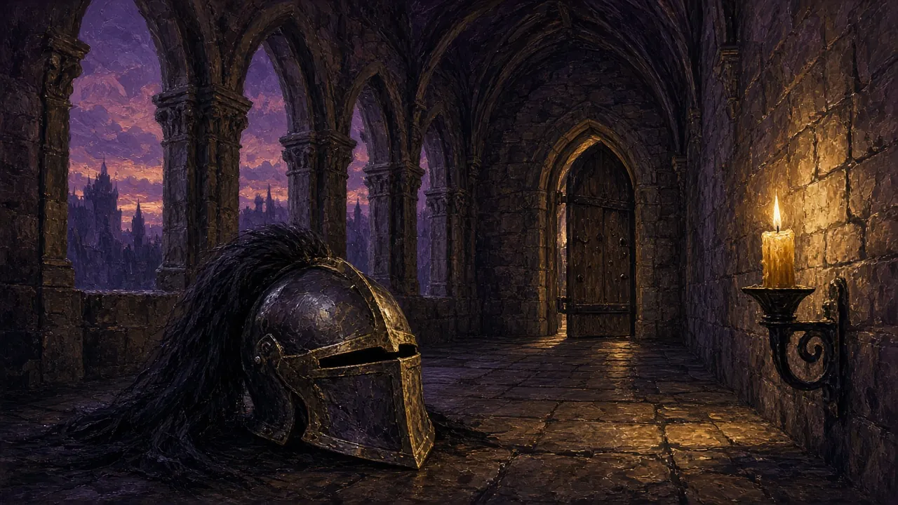 A candlelit Gothic corridor at dusk, a giant plumed helmet resting on the flagstones