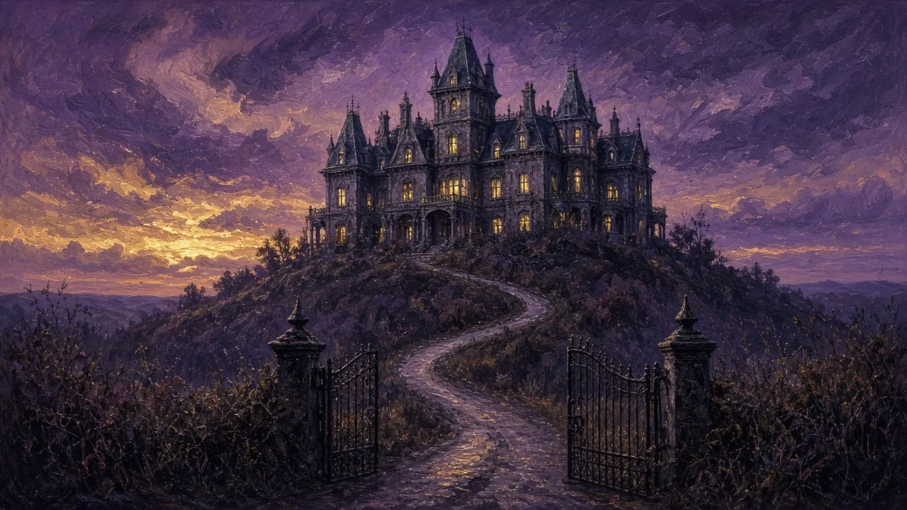 A huge Victorian mansion on a hill at twilight, its windows glowing, an iron gate open at the foot of the drive