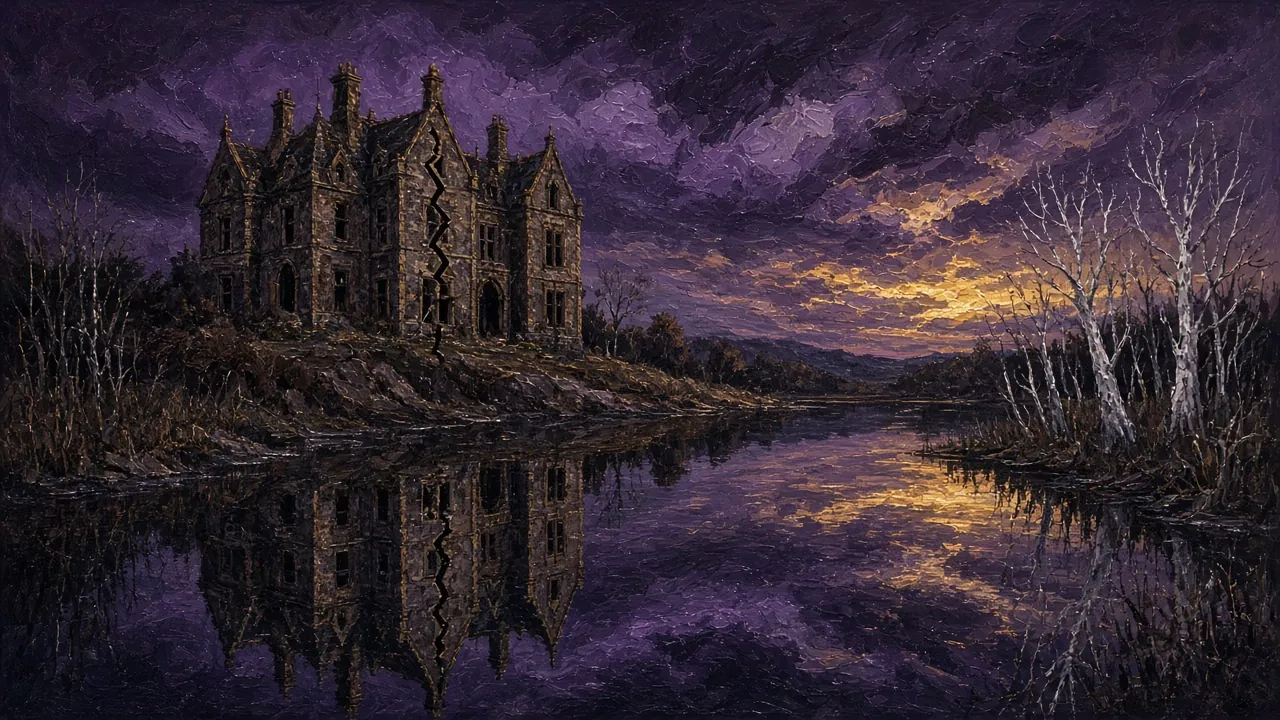 A gloomy stone mansion with a crack down its front, reflected in a still black lake at dusk