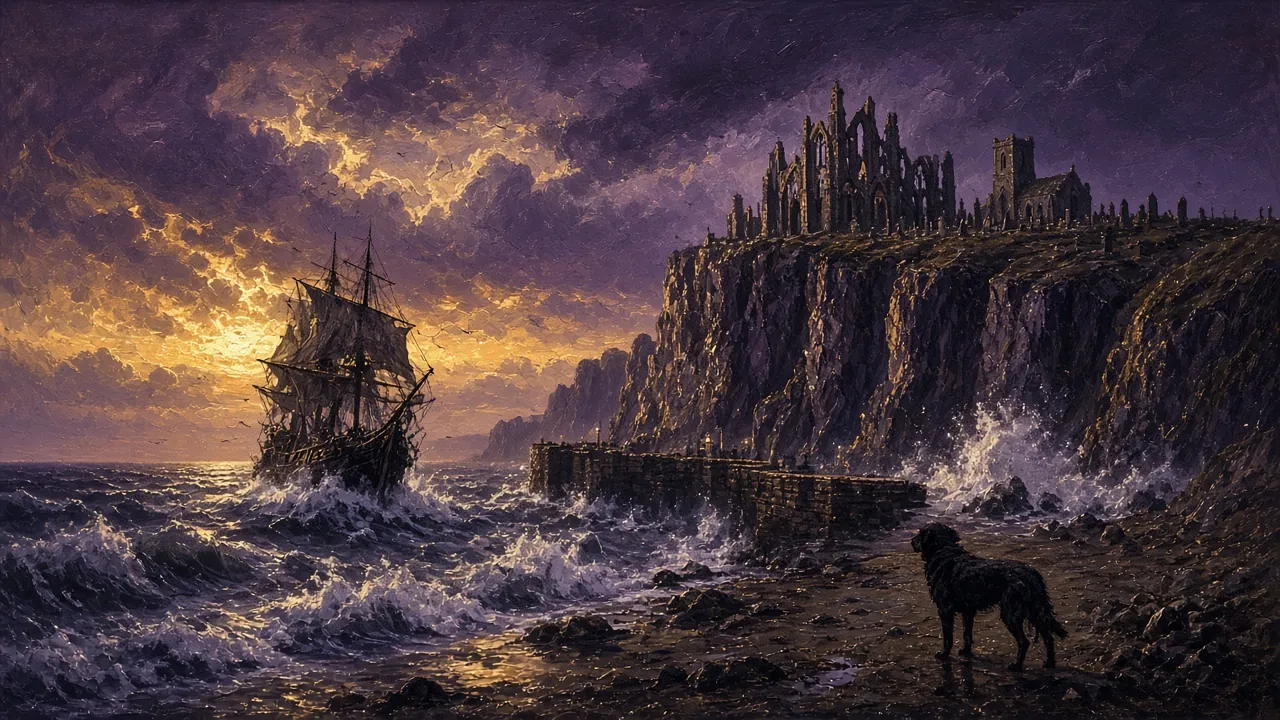 A storm-tossed sailing ship approaching a harbour beneath a ruined clifftop abbey, a dark dog on the shore