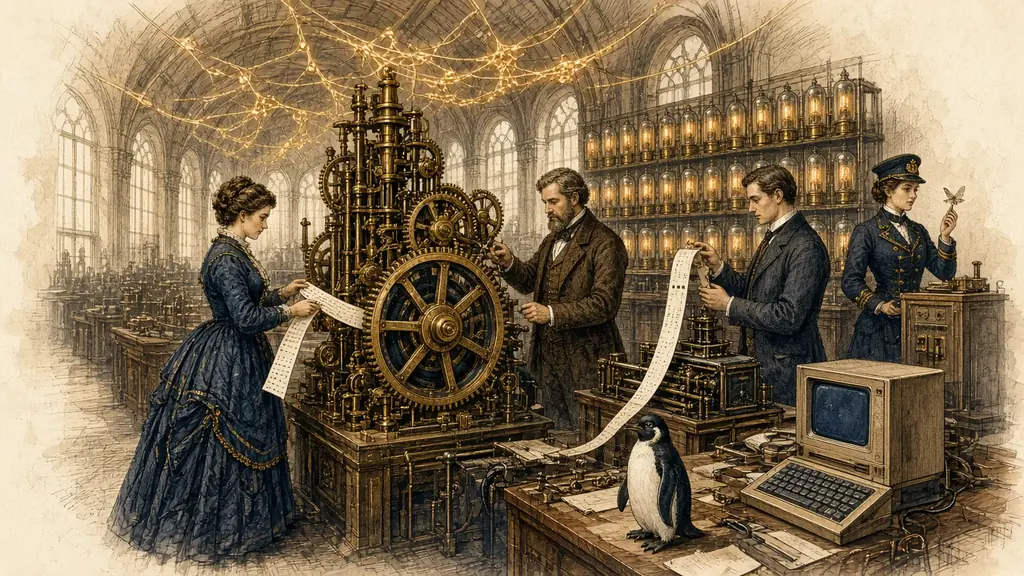 Memory hook: a Victorian gallery of thinking machines, with a woman feeding punched cards into a brass gear engine, a paper-tape reader, a wall of glowing valves, a golden web across the ceiling, a penguin and a wooden home computer.