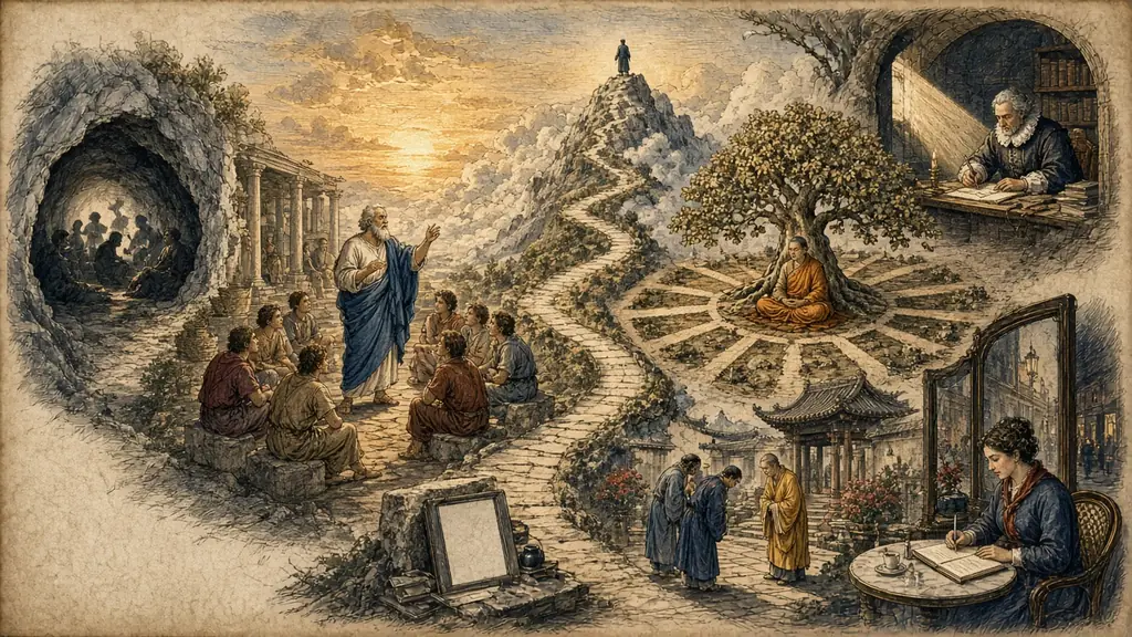 Memory hook: a road of wisdom past a teacher questioning students, a cave of shadows, a candlelit thinker, a blank slate, a lone walker on a peak, a monk under a fig tree, a courtyard of bowing students and a woman writing in a Paris café.