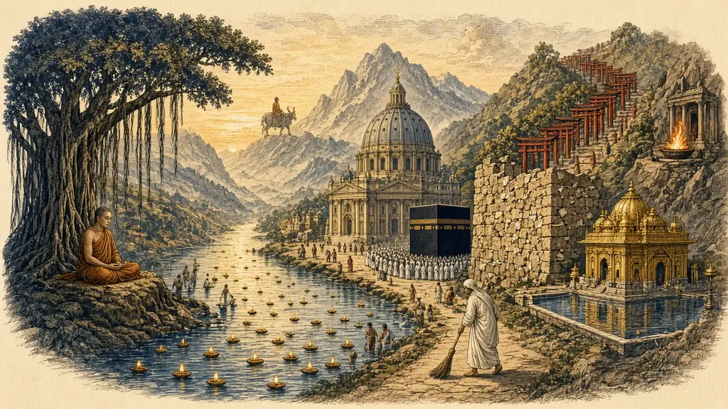 Memory hook: a pilgrim valley where a domed basilica, a black cube, a stone prayer wall, a river of lamps, a meditating monk, a golden temple, red shrine gates, a fire temple and a figure sweeping the path stand side by side.