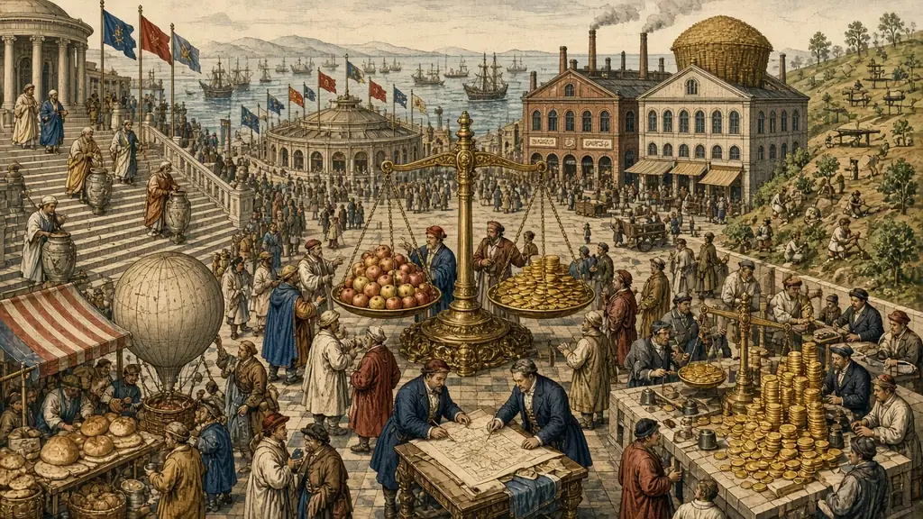 Memory hook: a busy town square with a giant market scale weighing apples against coins, citizens voting with pebbles, a counting house of gold, two rival factories, a great contract being signed, a hall of flags and a hillside of young trees.
