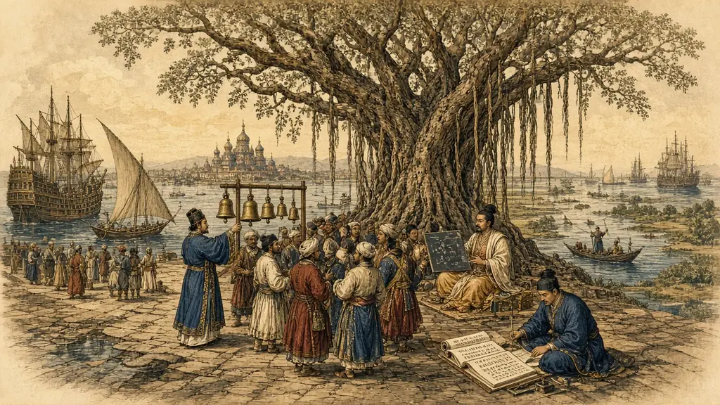 Memory hook: travellers from every continent meeting beneath a vast branching tree at a harbour, with a scholar ringing four tuned bells, a teacher with a slate, ships from many lands, an onion-domed church and a scribe with three scrolls.