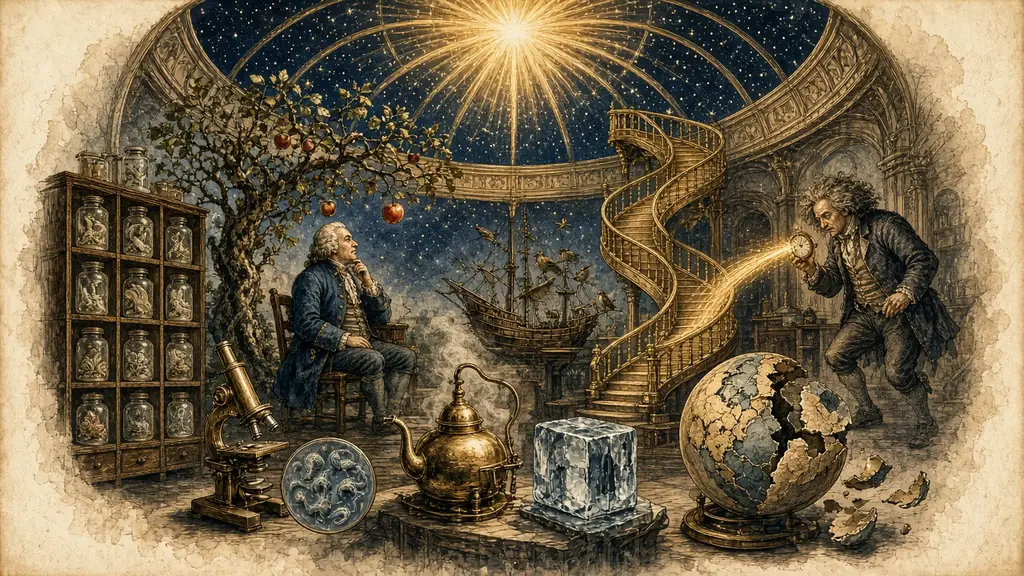 Memory hook: a domed observatory with a falling apple, a scientist watching a clock bend in a beam of light, finches on a ship, a cabinet of jars in rows, a golden double-spiral staircase, a microscope, a cracked drifting globe and a burst of light.