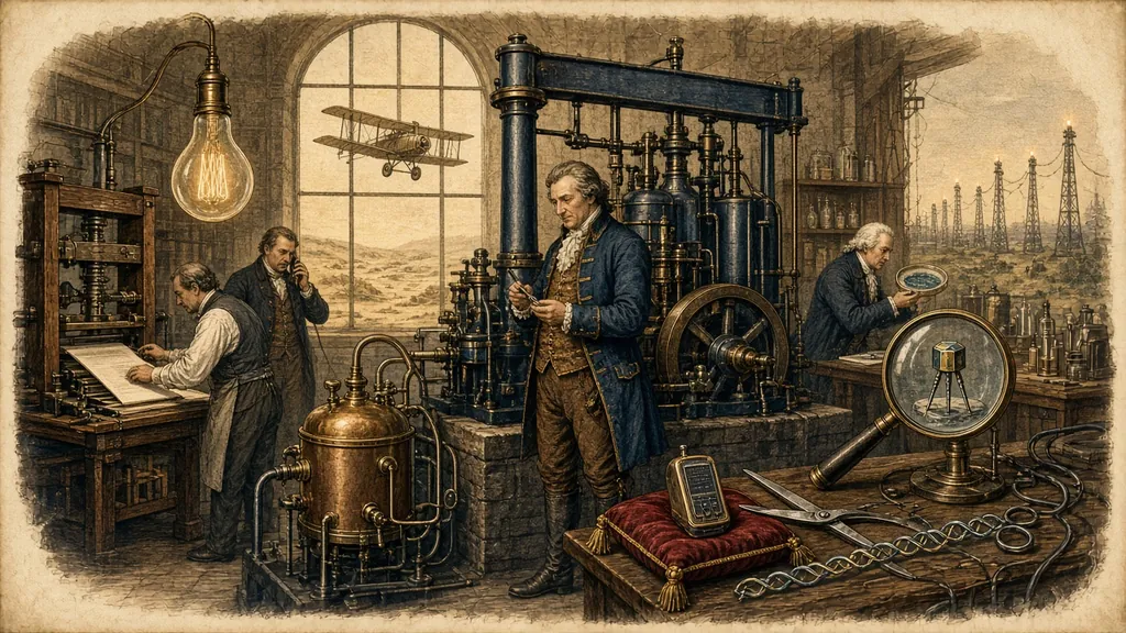 Memory hook: an inventors' workshop with a beam steam engine and its separate condenser, a printing press, an early telephone, a glowing bulb, a biplane over dunes, a dish of mould, a magnified transistor, a pocket phone and scissors cutting DNA.