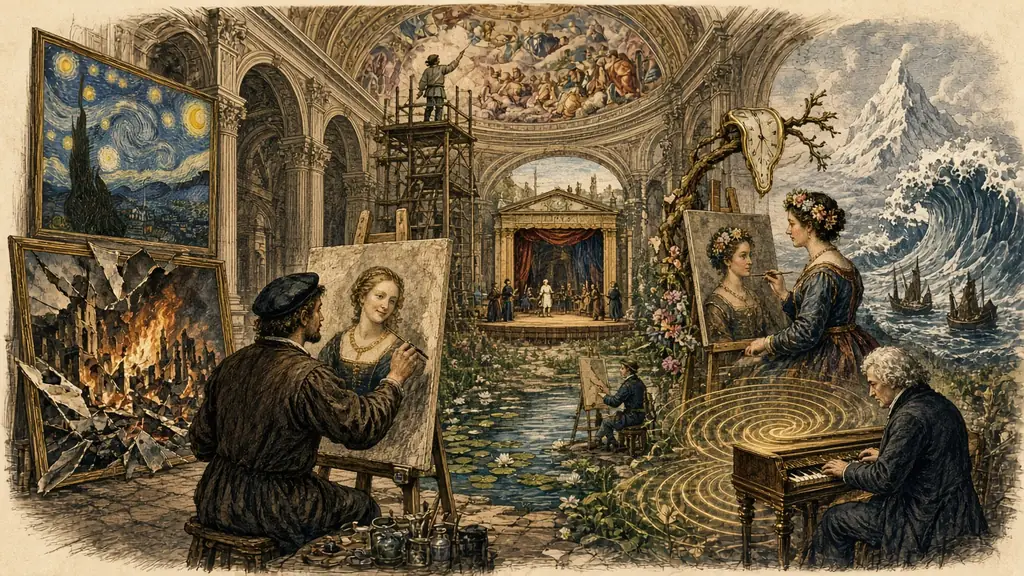 Memory hook: a palace gallery of the arts with a painter finishing a softly smiling portrait, a frescoed ceiling, a swirling starry painting, a melting clock, a great wave, a lily pond, a flower-crowned self-portrait, a composer at the piano and a small theatre stage.