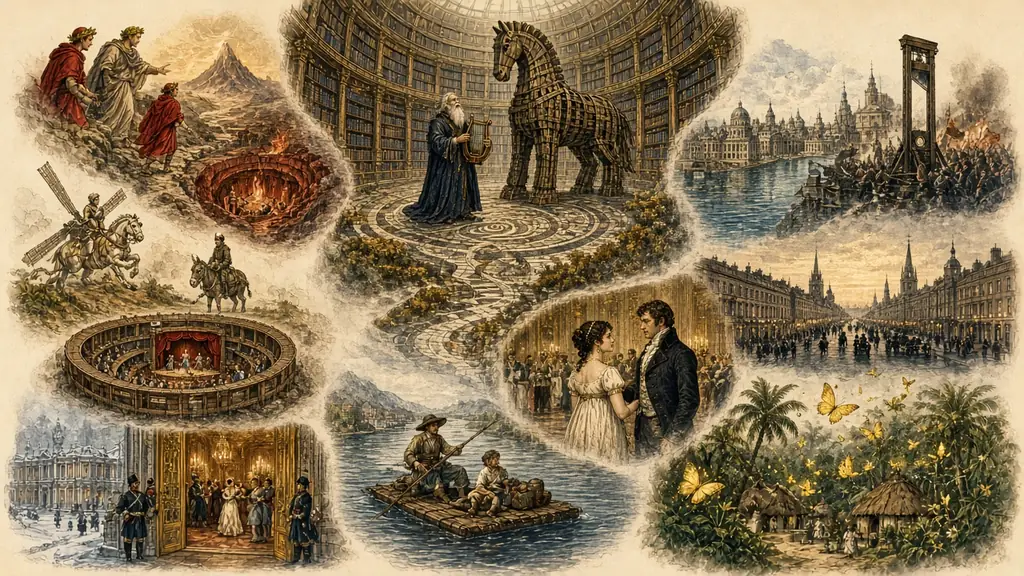 Memory hook: a circular library of stories with a blind bard beside a wooden horse, a descent through rings of fire, a knight charging a windmill, a round playhouse, a Regency ballroom, a guillotine city, a raft on a river and yellow butterflies over a village.