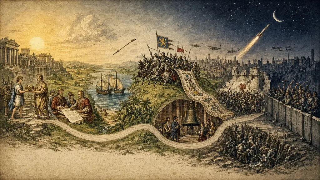 Memory hook: a road through time from a crumbling Roman forum and a king sealing a charter, past a battle with a long tapestry, ships at a tropical shore, a great bell, a stormed fortress and trenches, to a rocket heading for the moon and a wall coming down.