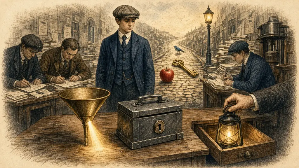 Memory hook: a 1920s reporter with no notebook, a street of vivid objects behind him, and a funnel, strongbox and lantern for encoding, storage and retrieval.