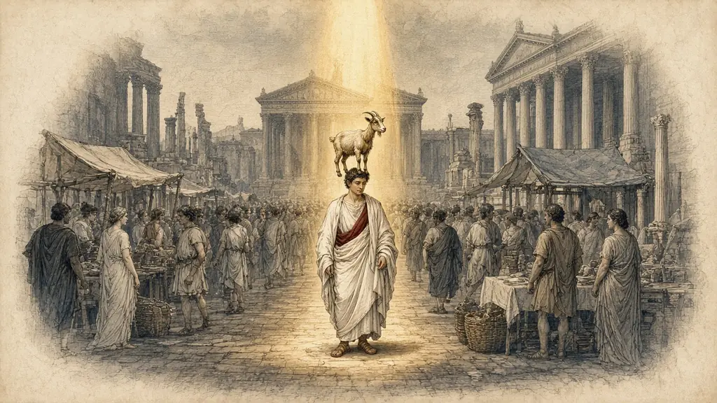 Memory hook: a man in a toga walks through a dull grey Roman forum with a brightly lit goat standing on his head.