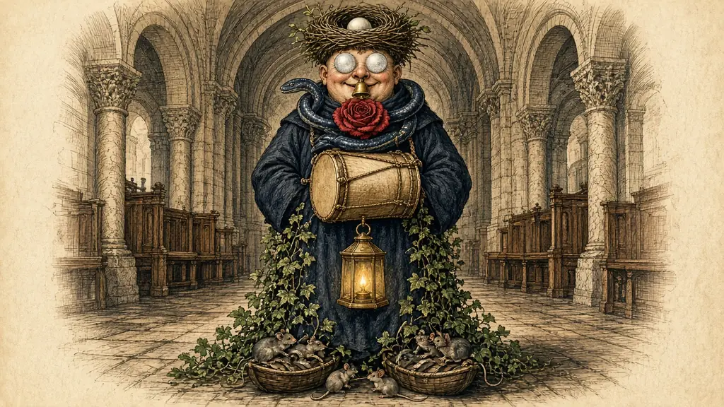 Memory hook: a monk whose body holds ten objects in order, from a nest on his head to mice on his toes.