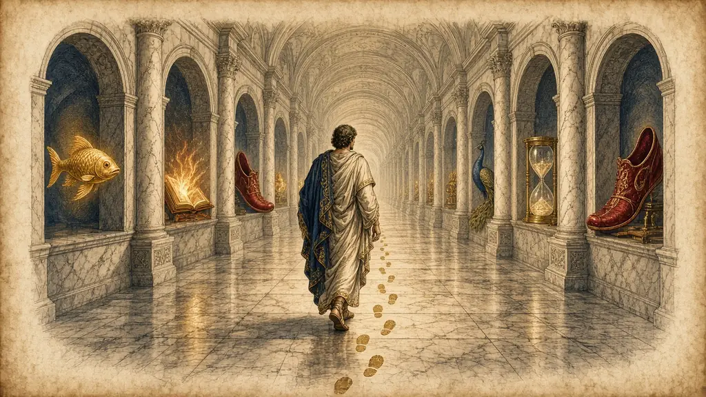 Memory hook: a Greek poet walks a fixed route of gold footprints past alcoves, each holding one glowing object.