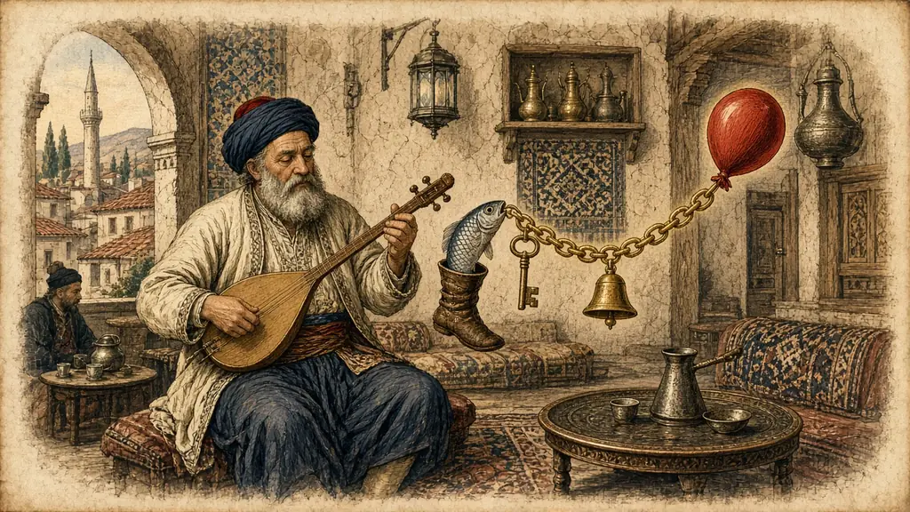 Memory hook: a bard plays as a chain of linked objects flows from his instrument: a boot, a fish, a key, a bell, a balloon.