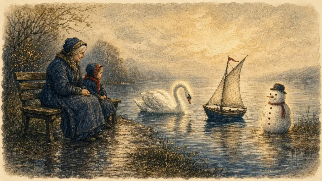 Memory hook: a swan, a sailboat and a snowman line the lakeshore, shaped like the digits they stand for.