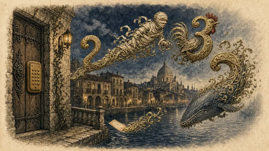 Memory hook: brass numerals fly from a lost door code and turn into creatures: a snake, a mummy, a rooster, a whale.