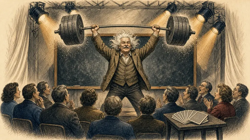 Memory hook: a white-haired professor lifts a heavy barbell on a TV stage, one person doing another person's action.