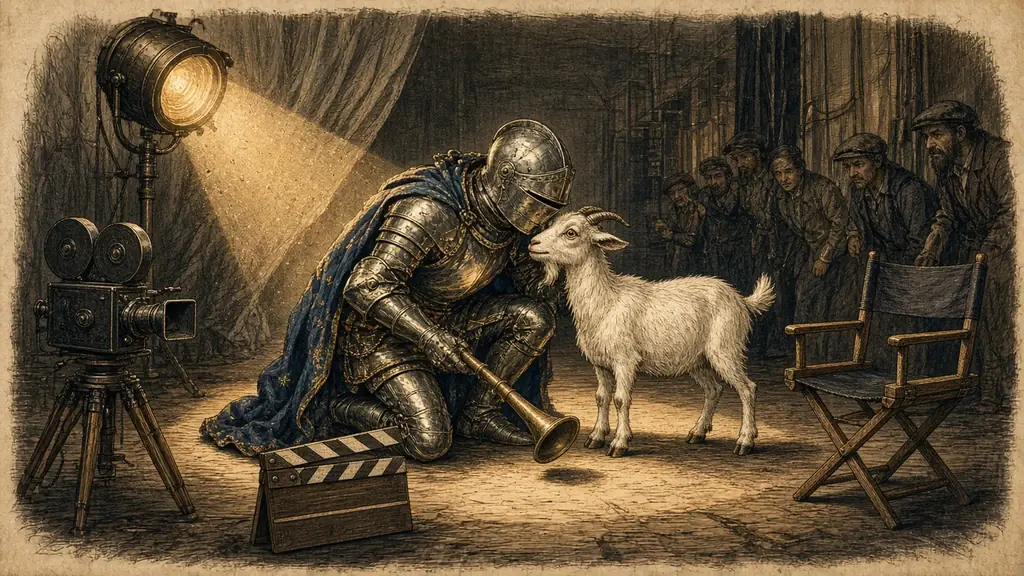 Memory hook: on a film set, a knight kisses a goat while holding a trumpet: person, action and object in one scene.