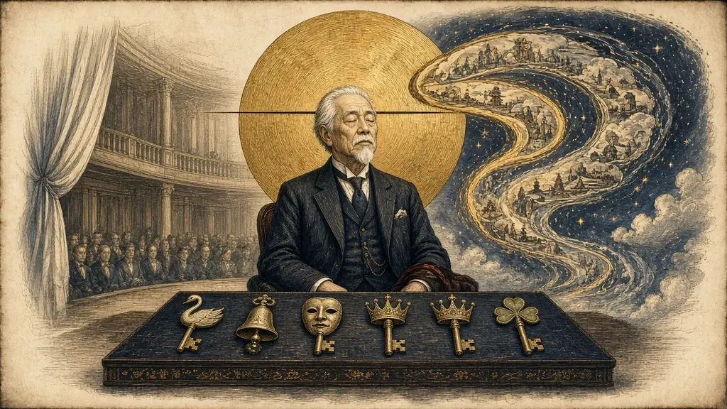 Memory hook: a man reciting pi before a golden circle, with five different keys laid out in front of him to choose from.