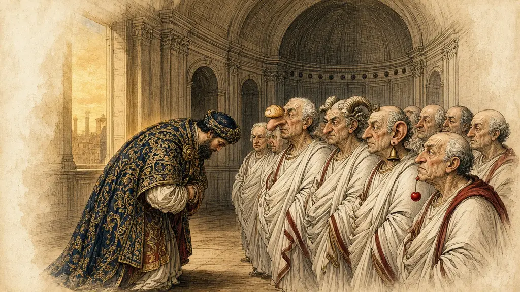 Memory hook: an ambassador greets senators, each with one exaggerated feature carrying a picture: bread on a nose, horns, a bell, a cherry.