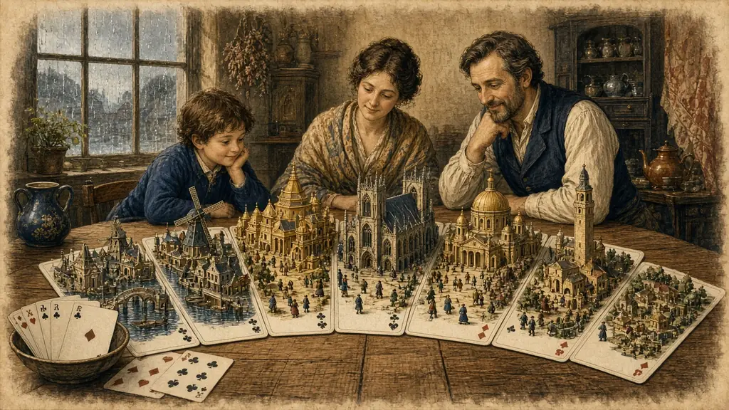 Memory hook: playing cards spread on a family table, each one sprouting its own miniature city.