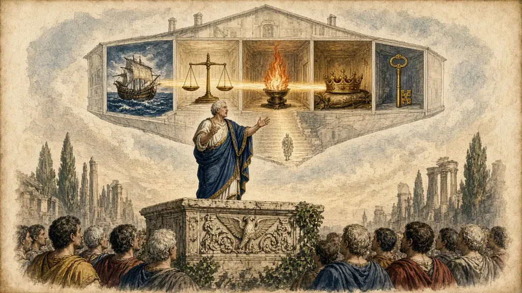 Memory hook: a Roman orator speaks with empty hands while, above him, a house of five rooms holds one picture each: a ship, scales, a torch, a crown, a key.